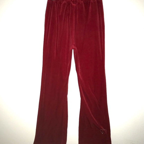 Red Velour Women's Sweatpants 2000s US Size XS-S Y2K Rhinestones Heart Sweats - Picture 4 of 8